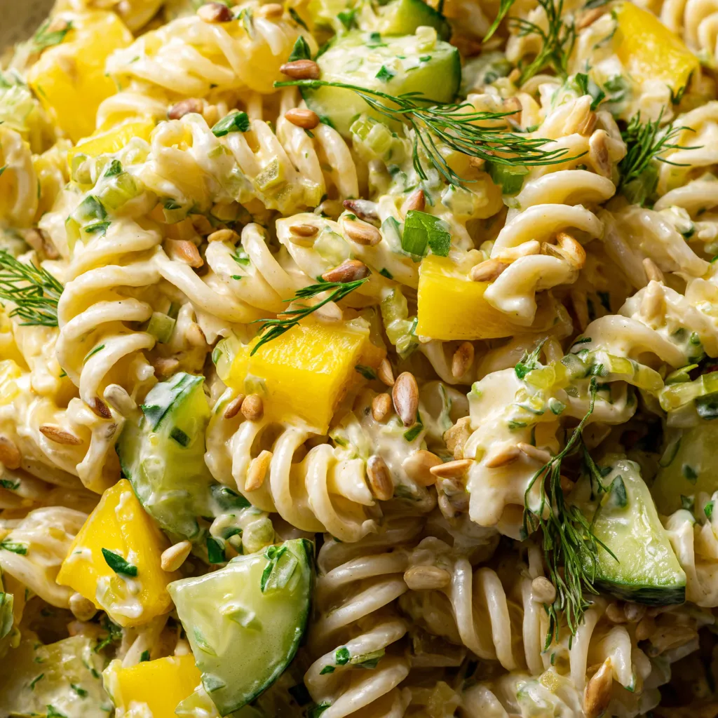 A close up of a dish with pasta, cucumbers, and dill.