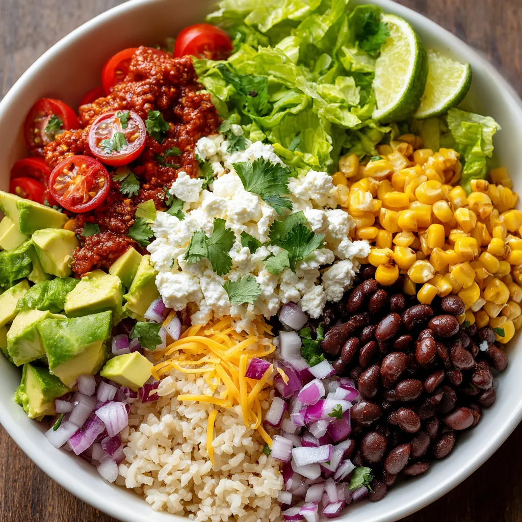 A bowl of food with a variety of ingredients including corn, tomatoes, onions, lettuce, and cheese.