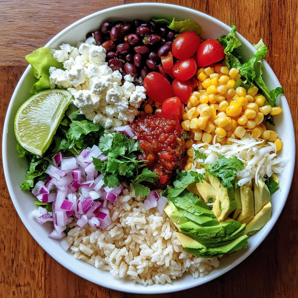 A bowl of food with rice, beans, corn, tomatoes, lime, and cottage cheese.
