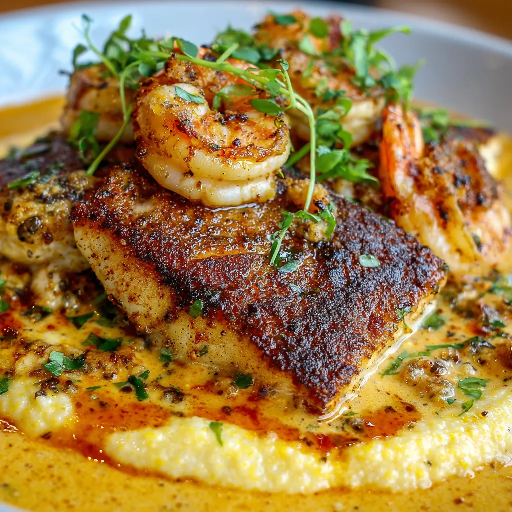 A plate of food with shrimp and red snapper on top.