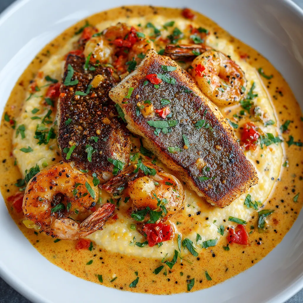 A plate of food with shrimp, red snapper, and grits.