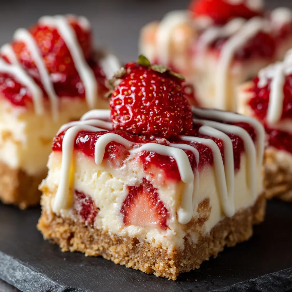 A slice of Philadelphia cheesecake bars with strawberries on top.