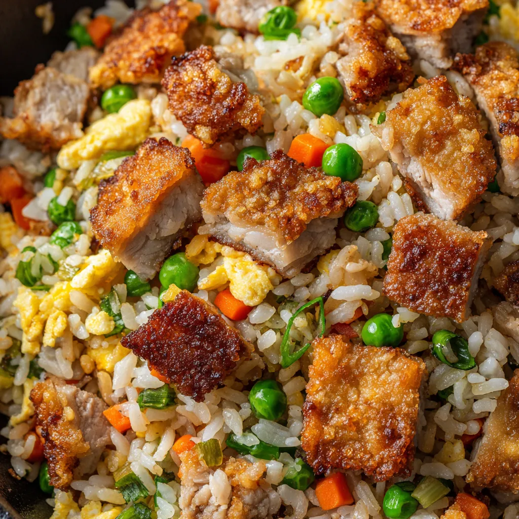 A plate of fried rice with chicken and peas.