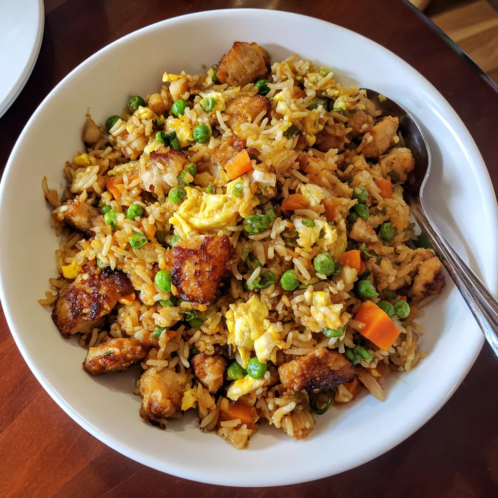 A plate of high protein crispy garlic chicken fried rice.