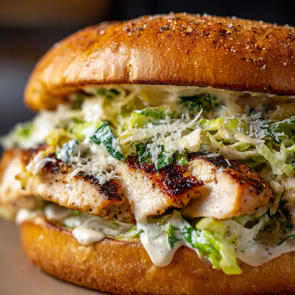 A chicken Caesar burger with lettuce and cheese.