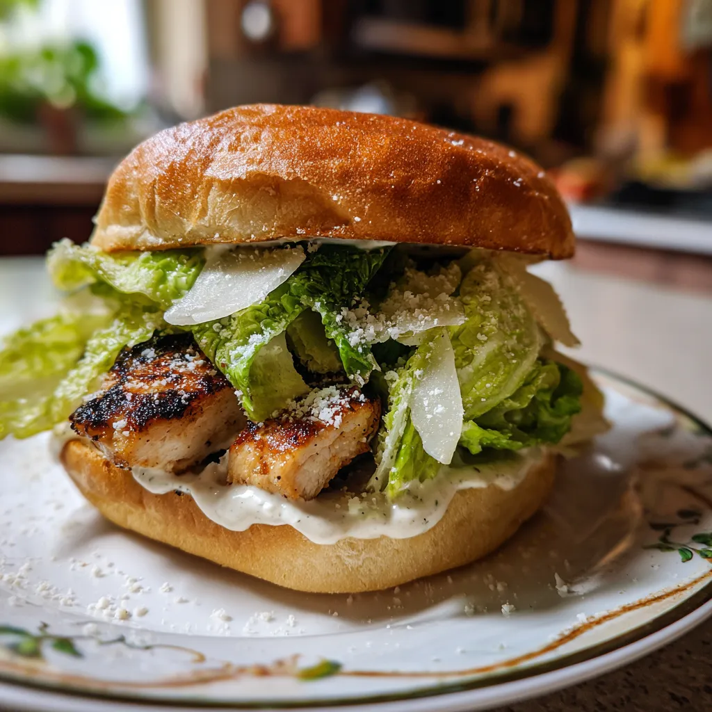 A chicken Caesar burger with lettuce and cheese.