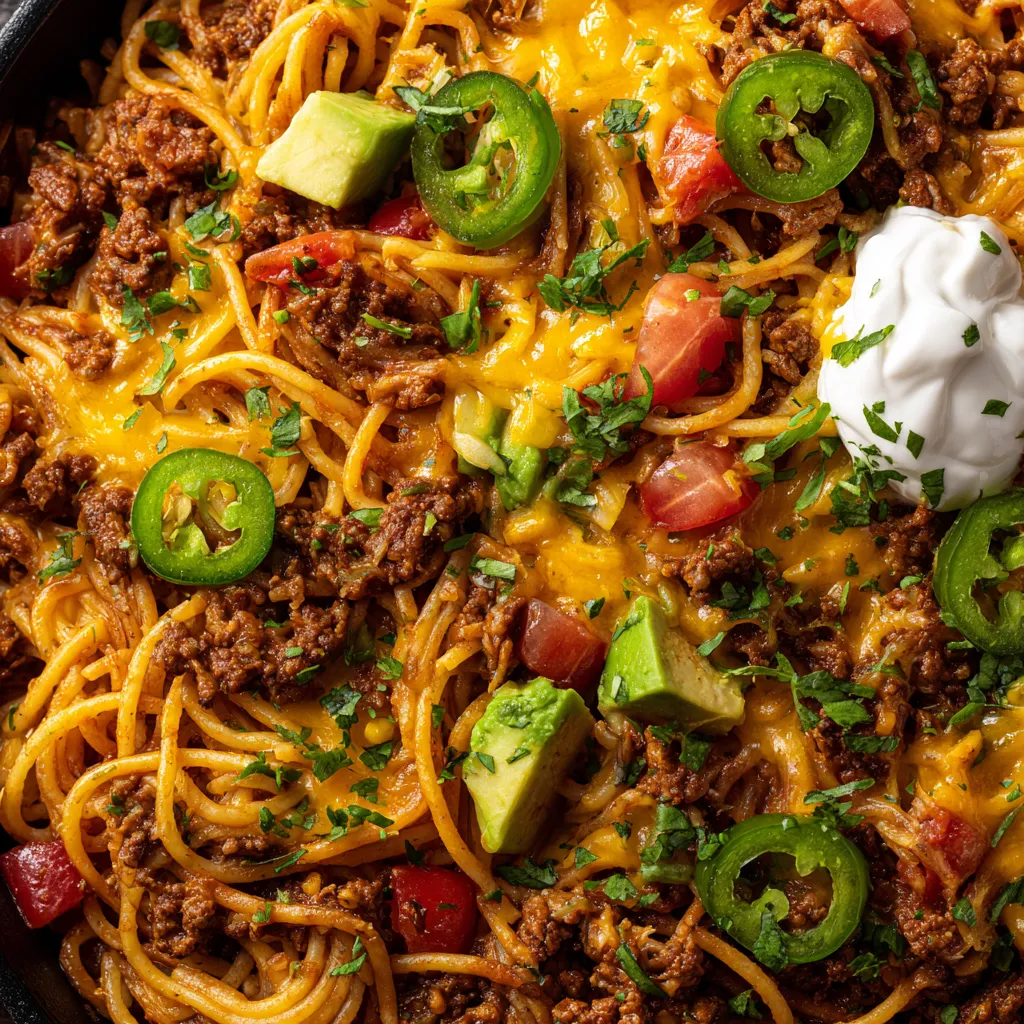 A close up of a delicious cheesy and flavorful taco spaghetti.