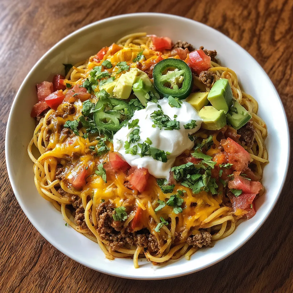 A plate of spaghetti with meat and vegetables.