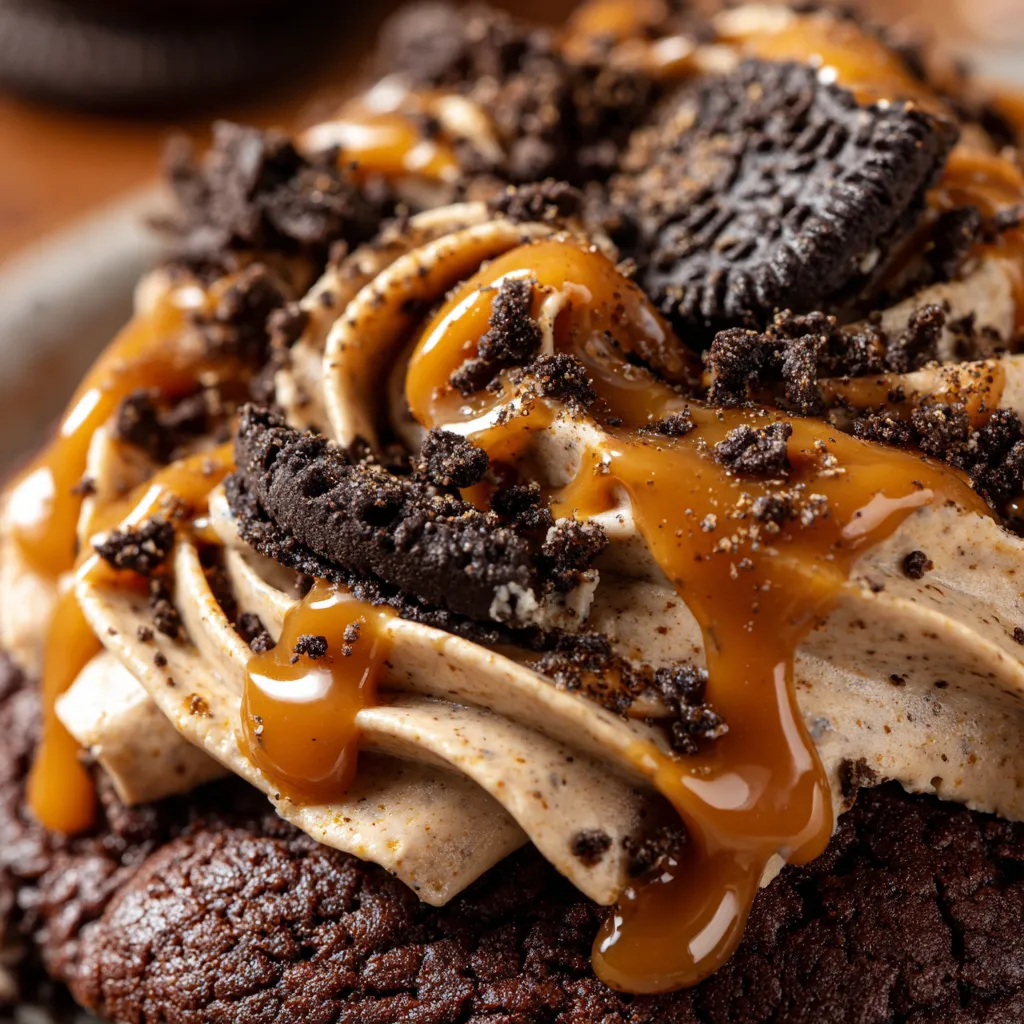 A close up of a delicious frosted caramel Oreo cookie.