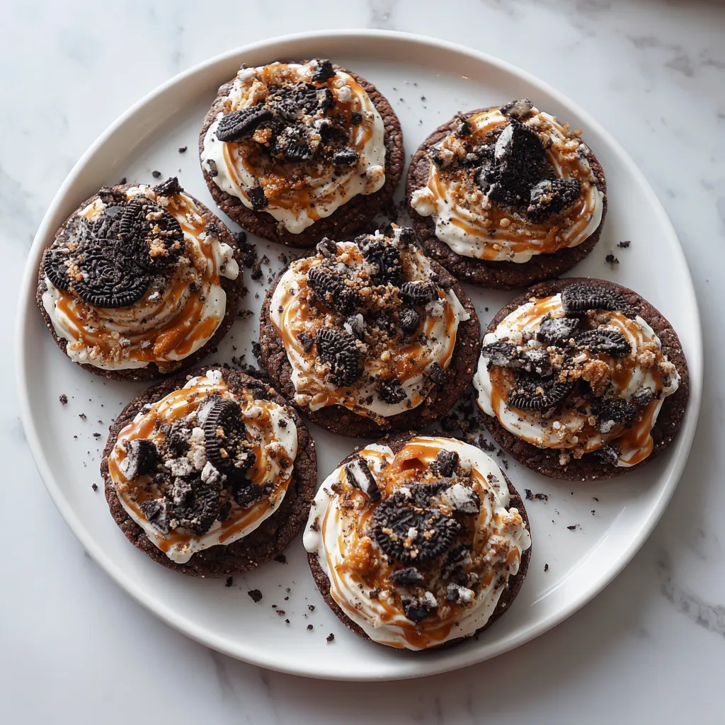 A plate of frosted caramel Oreo cookies.