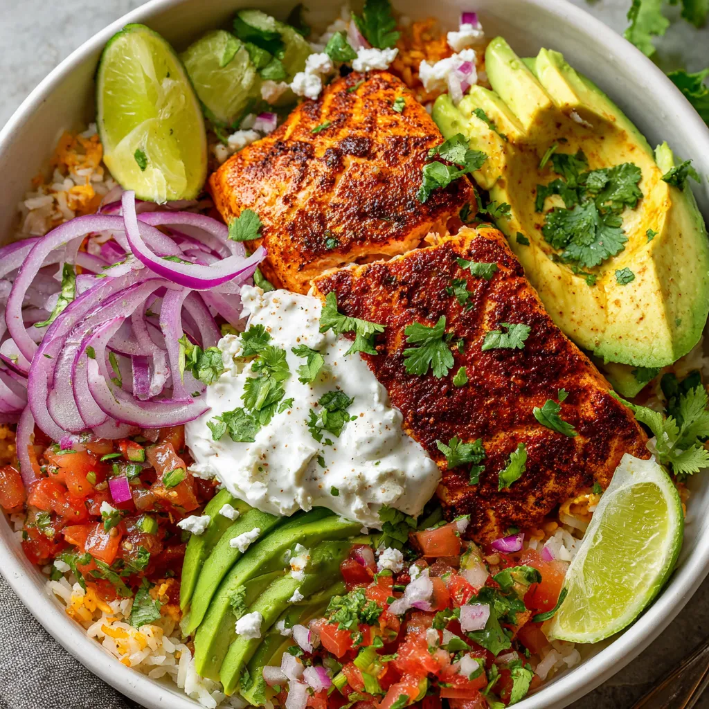 A bowl of food with salmon, avocado, tomatoes, onions, and lime.