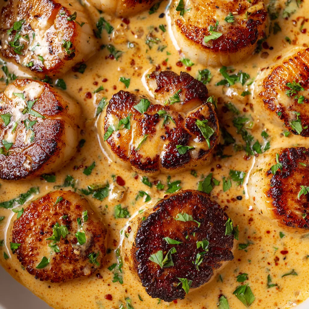 Seared scallops with spicy cajun cream sauce.