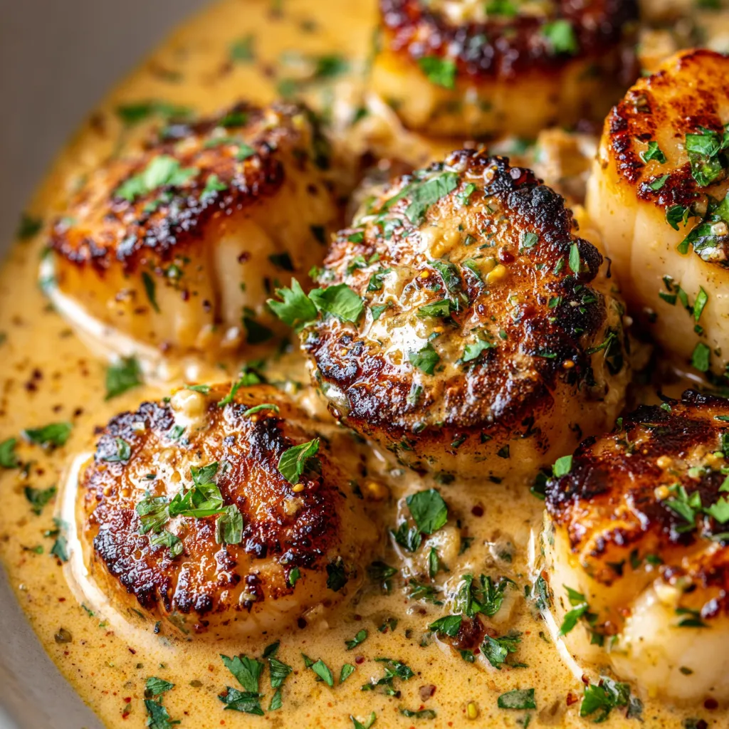 Seared scallops in a spicy cajun cream sauce.