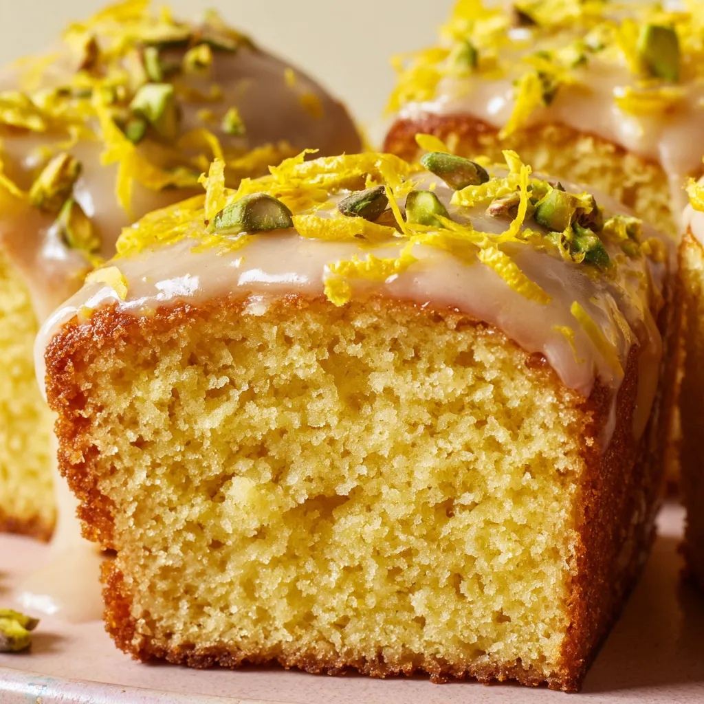 A slice of butter-yellow pistachio citrus sheet-cake bars.