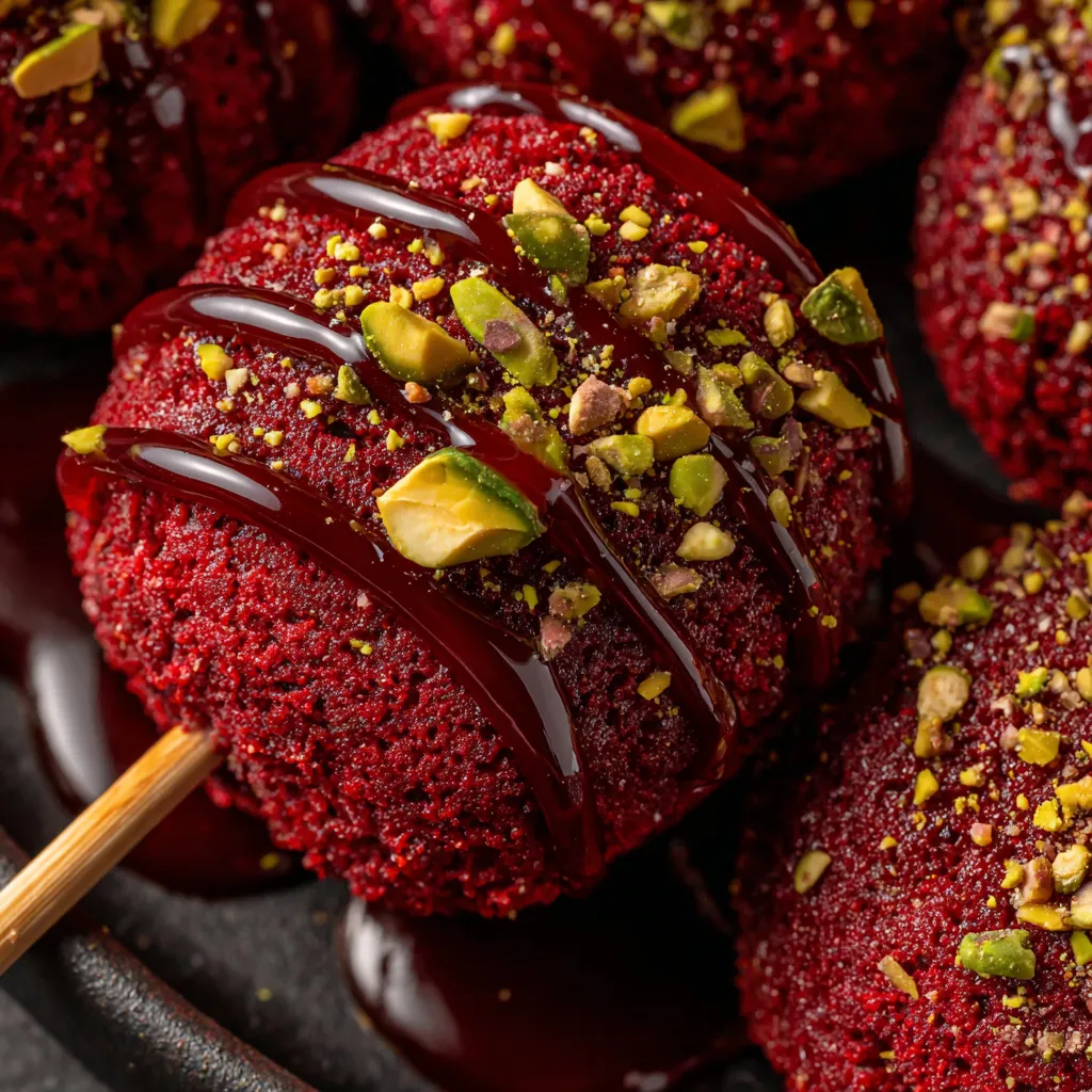 Red velvet pancake pops with almonds.