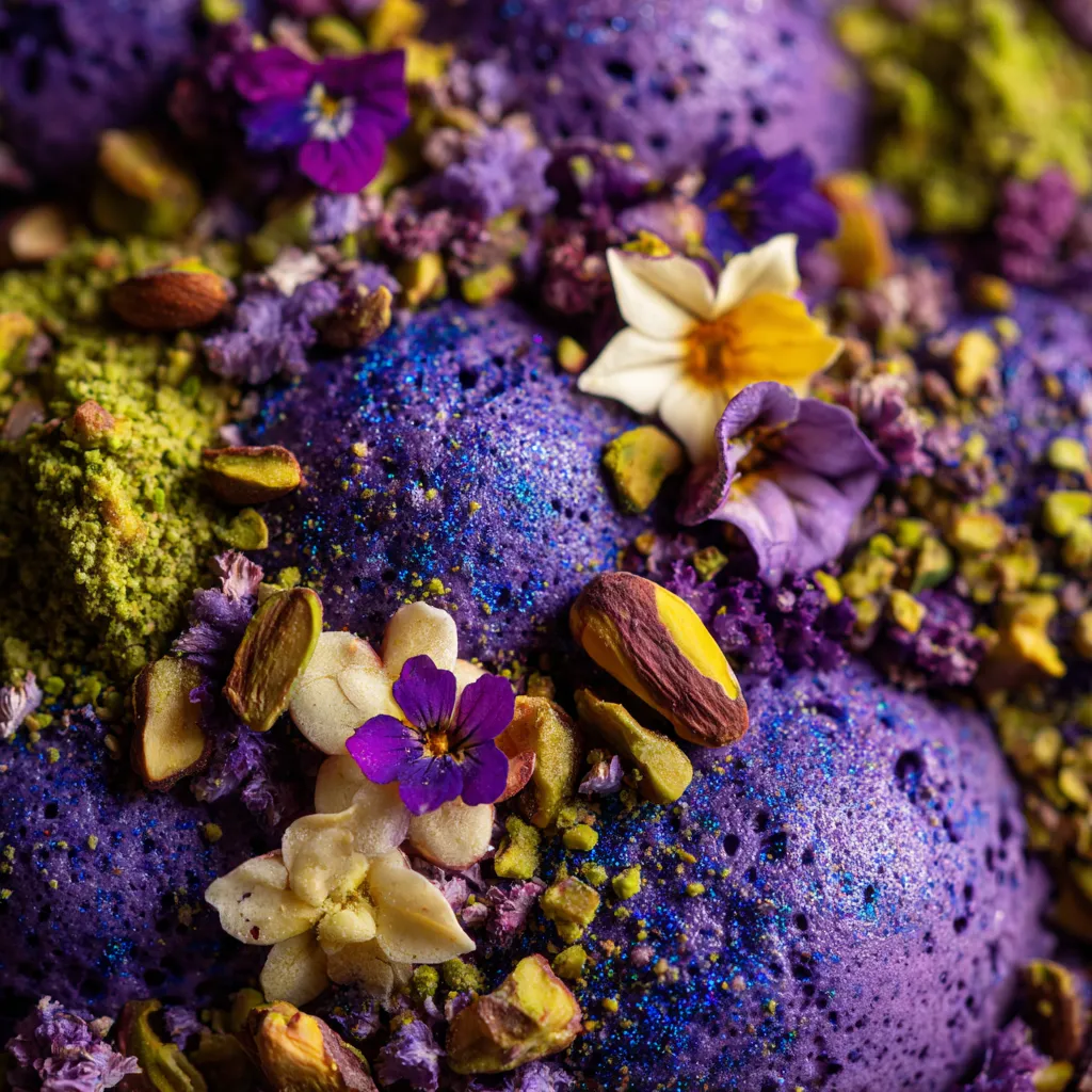 A purple and blue dessert with a flower on top.