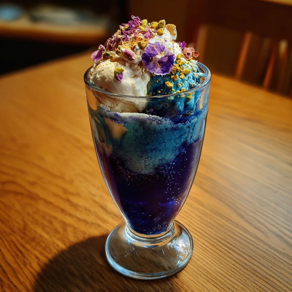 A glass of blue and white ice cream with a flower on top.