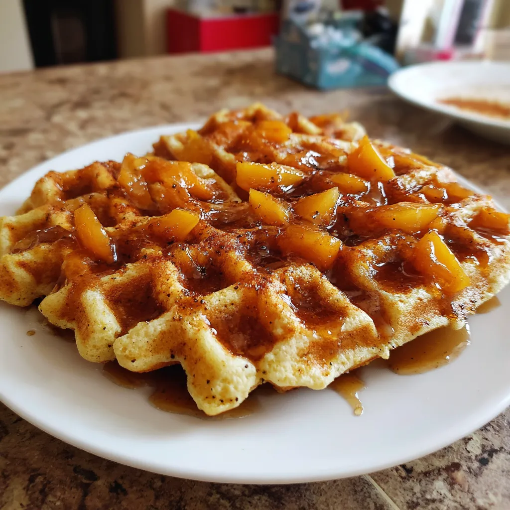 A plate of waffles with peaches and habanero sauce.
