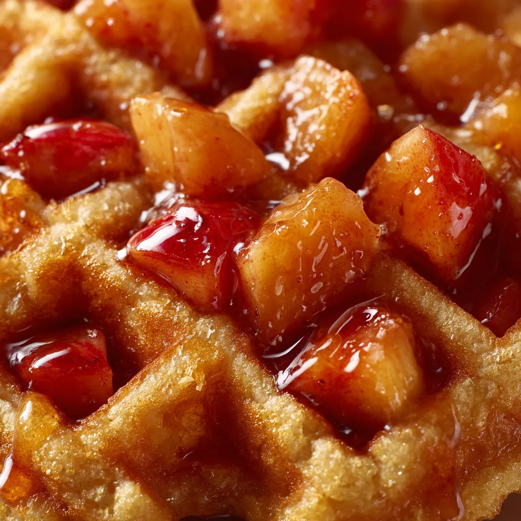 A close up of a waffle with peaches and a syrup drizzle.