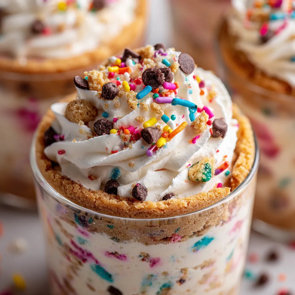 A cup of cookie dough ice cream with chocolate chips.
