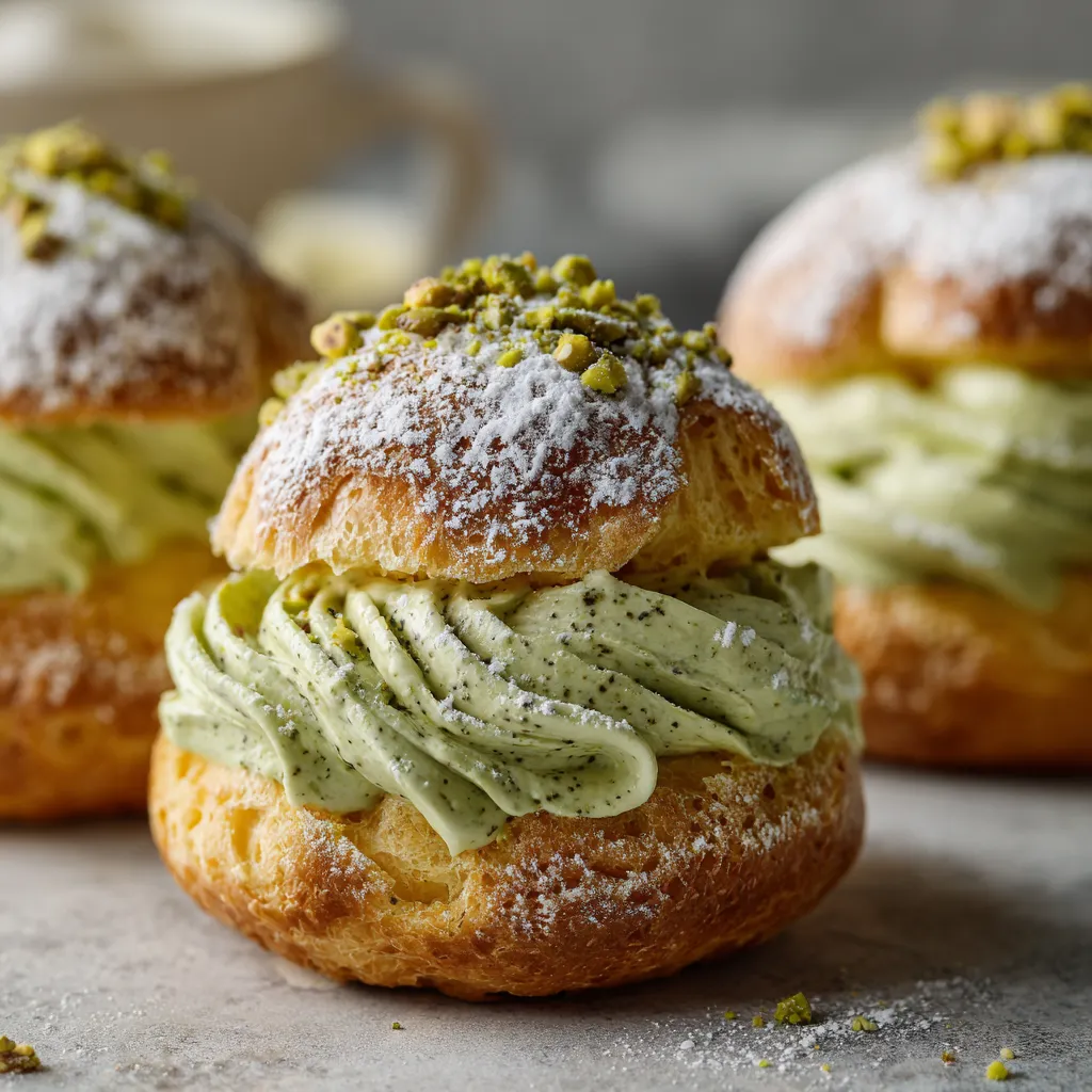 Two butter-yellow matcha-pistachio cream puffs.
