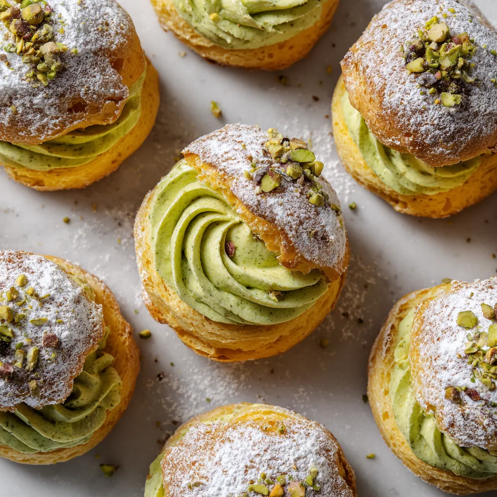 Butter-Yellow Matcha-Pistachio Cream Puffs.