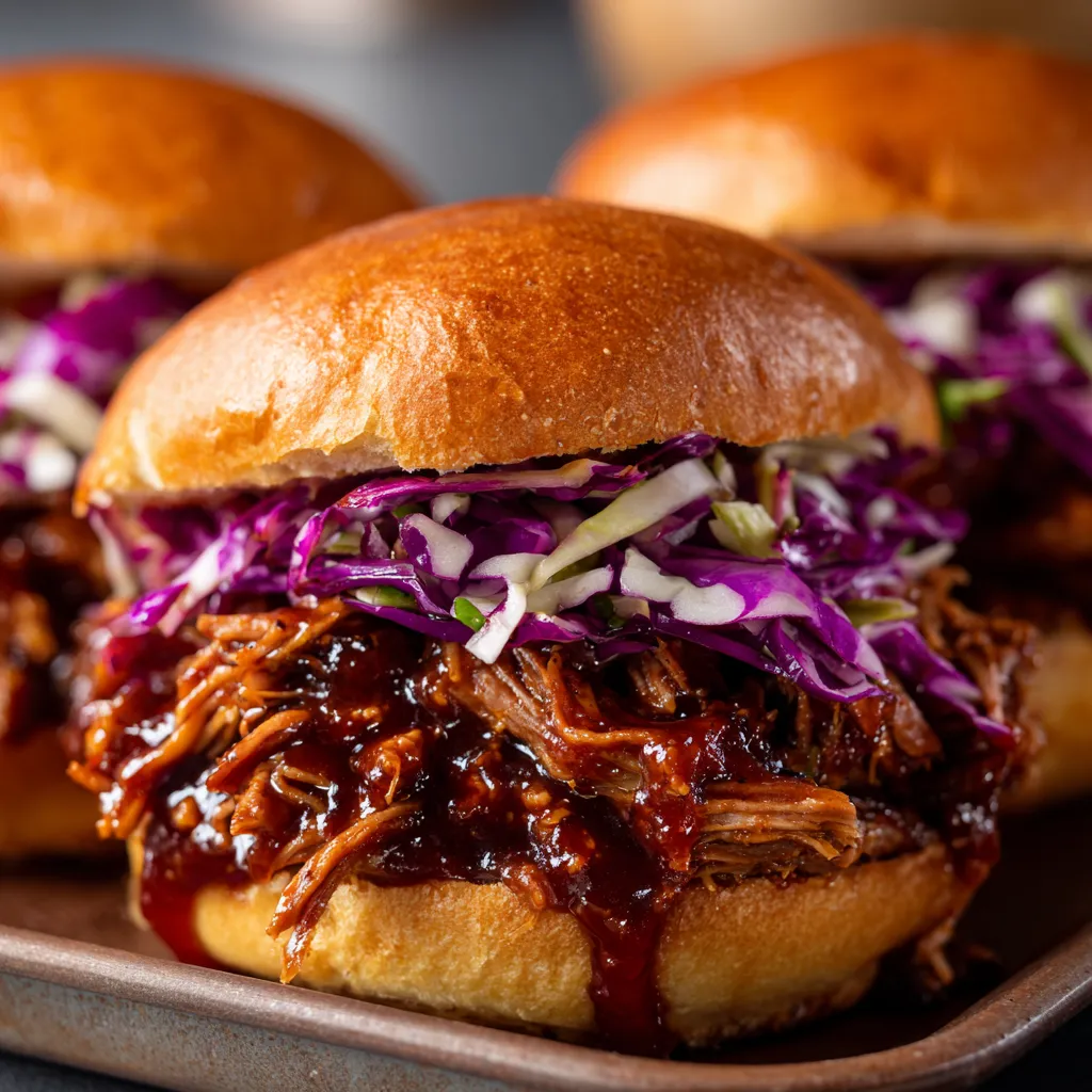 Two sandwiches with coleslaw and barbecue sauce.