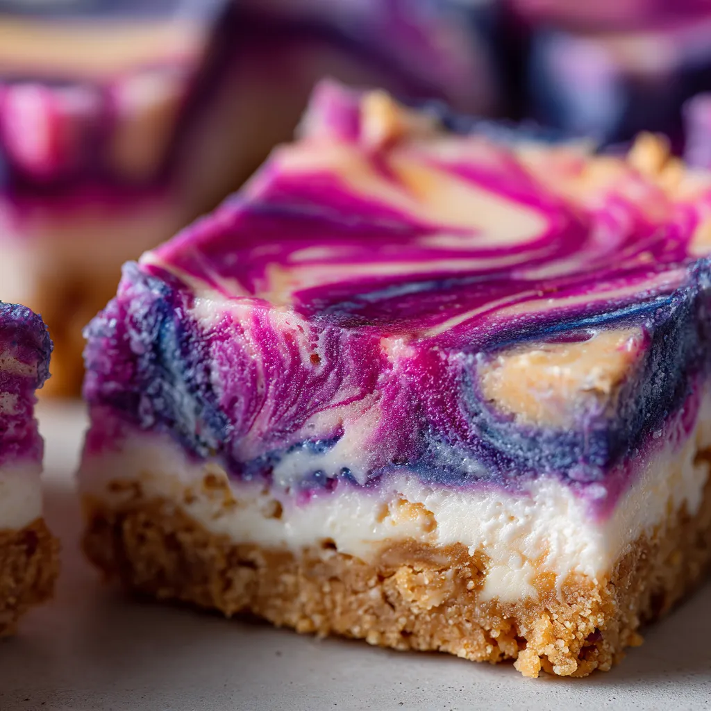 A piece of Aura-Indigo Galaxy Cheesecake Bars.