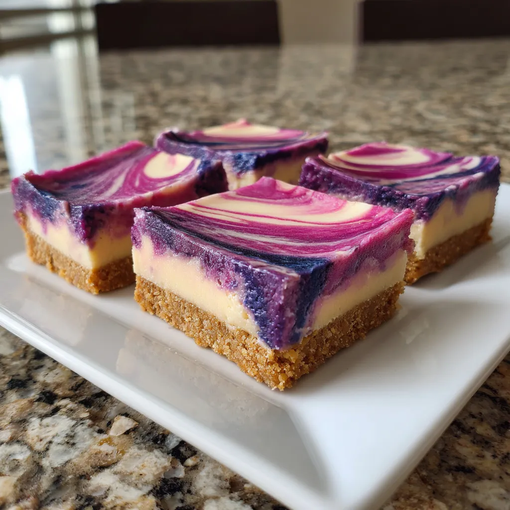 A plate of Aura-Indigo Galaxy Cheesecake Bars.