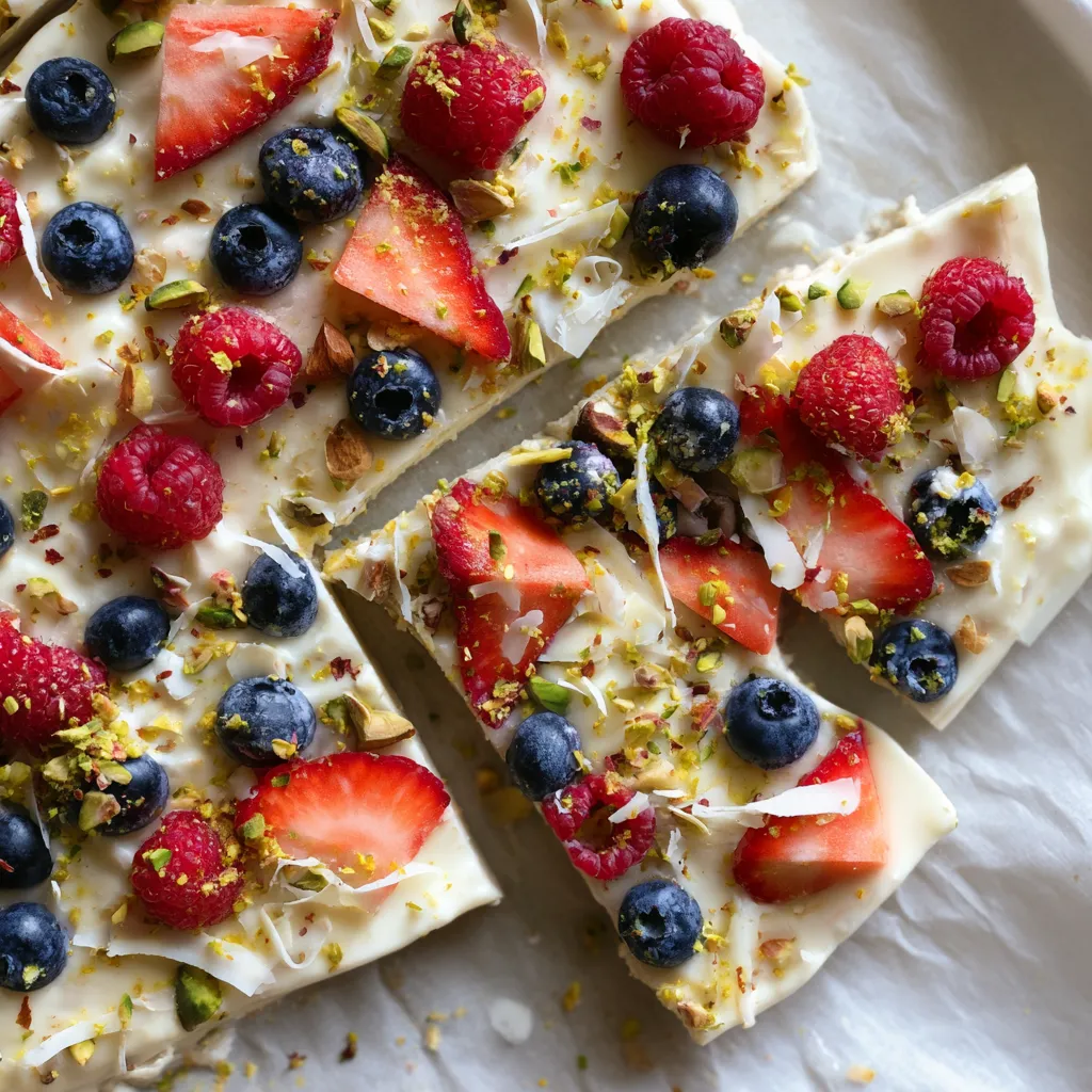 A slice of frozen yogurt bark with berries.