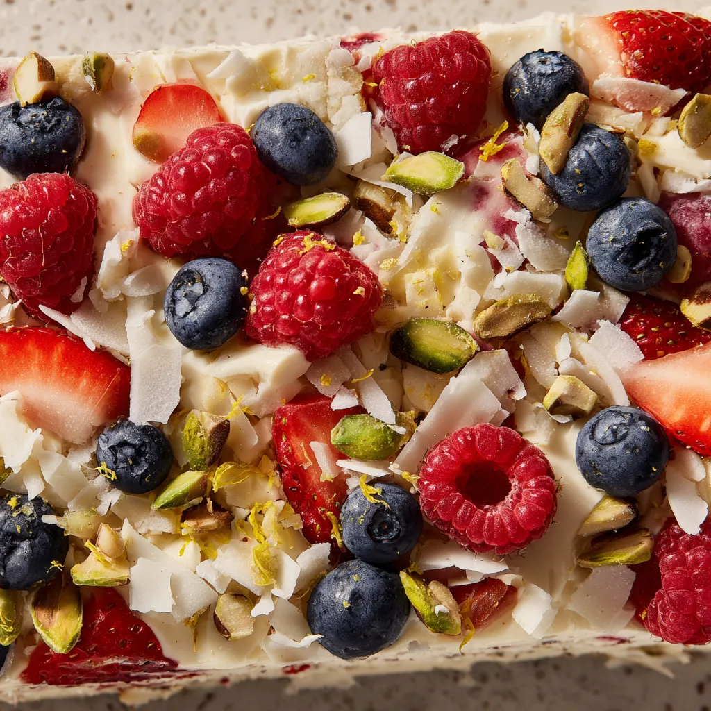A close up of a frozen yogurt bark with berries.