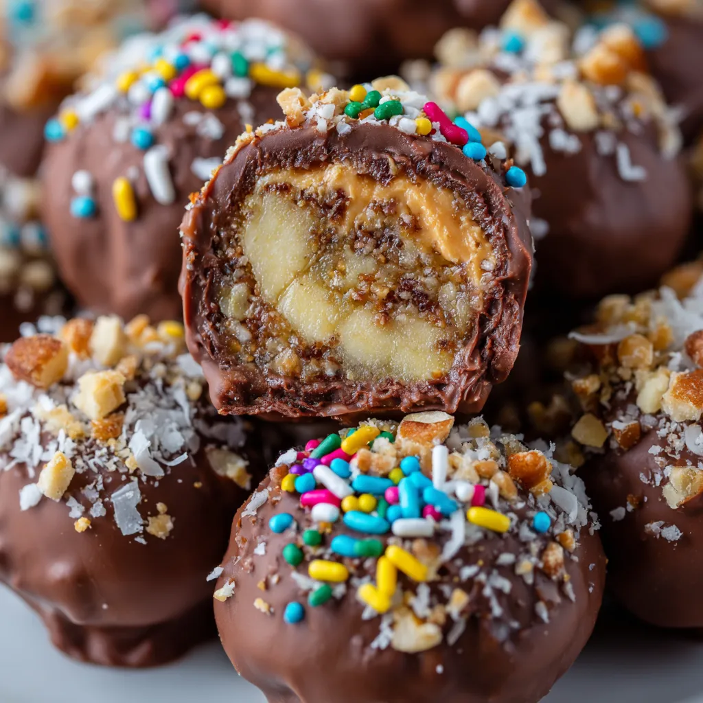 Chocolate covered banana bites with sprinkles.