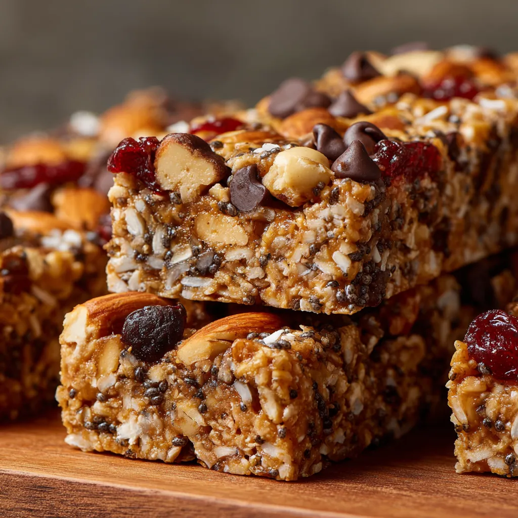 A stack of granola bars on a wooden table.