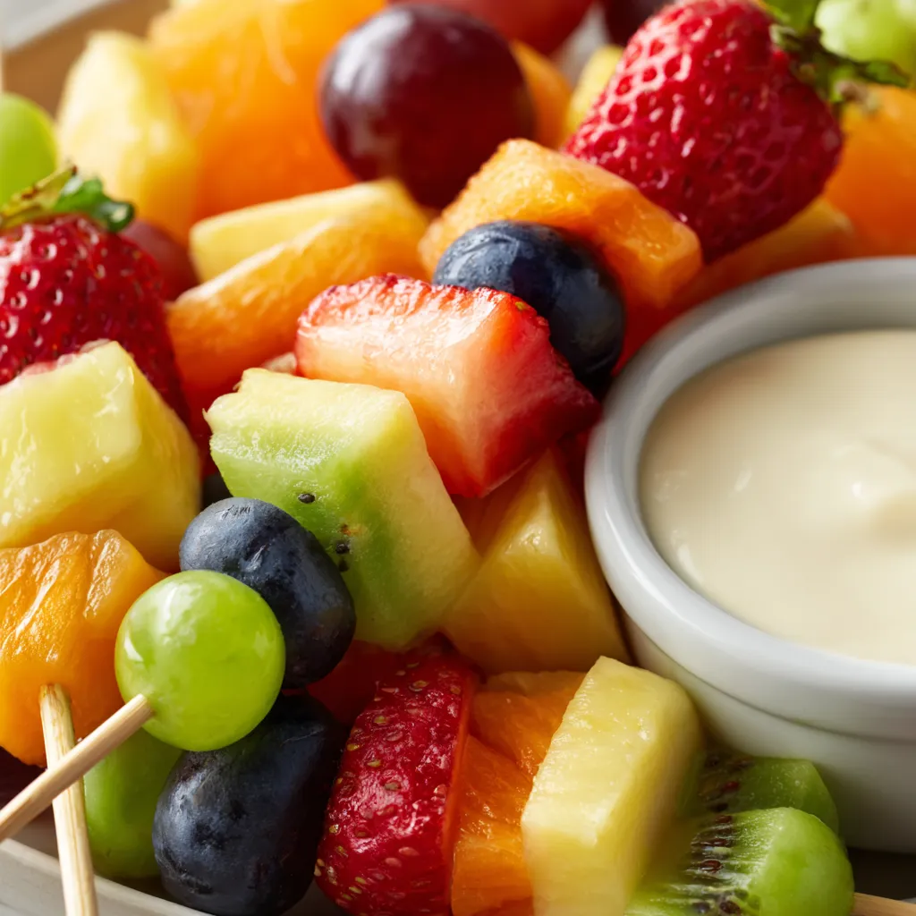 A bowl of fruit skewers with yogurt dip.
