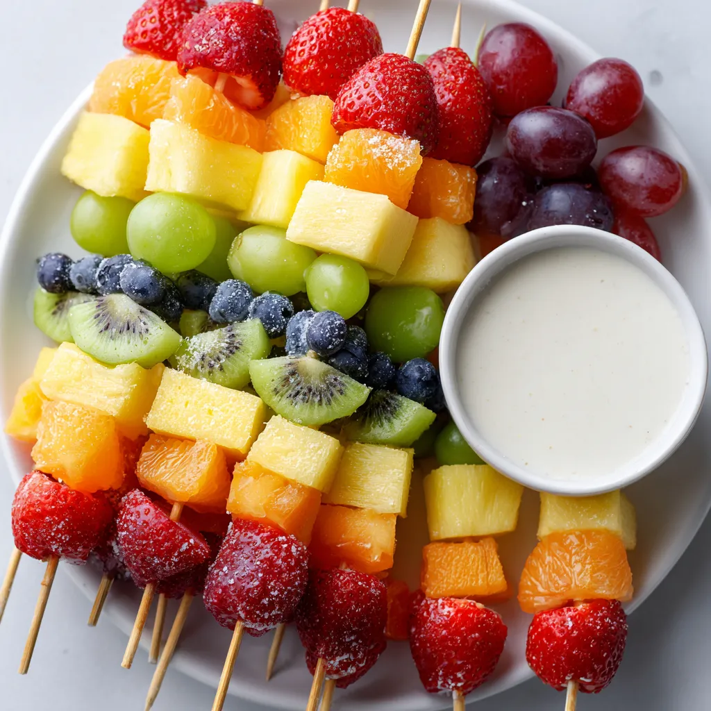 A plate of fruit skewers with yogurt dip.