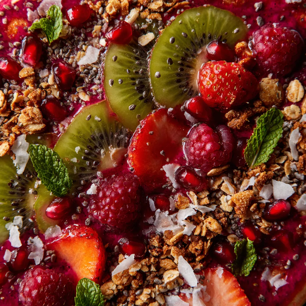 A bowl of fruit and nuts with a green kiwi on top.