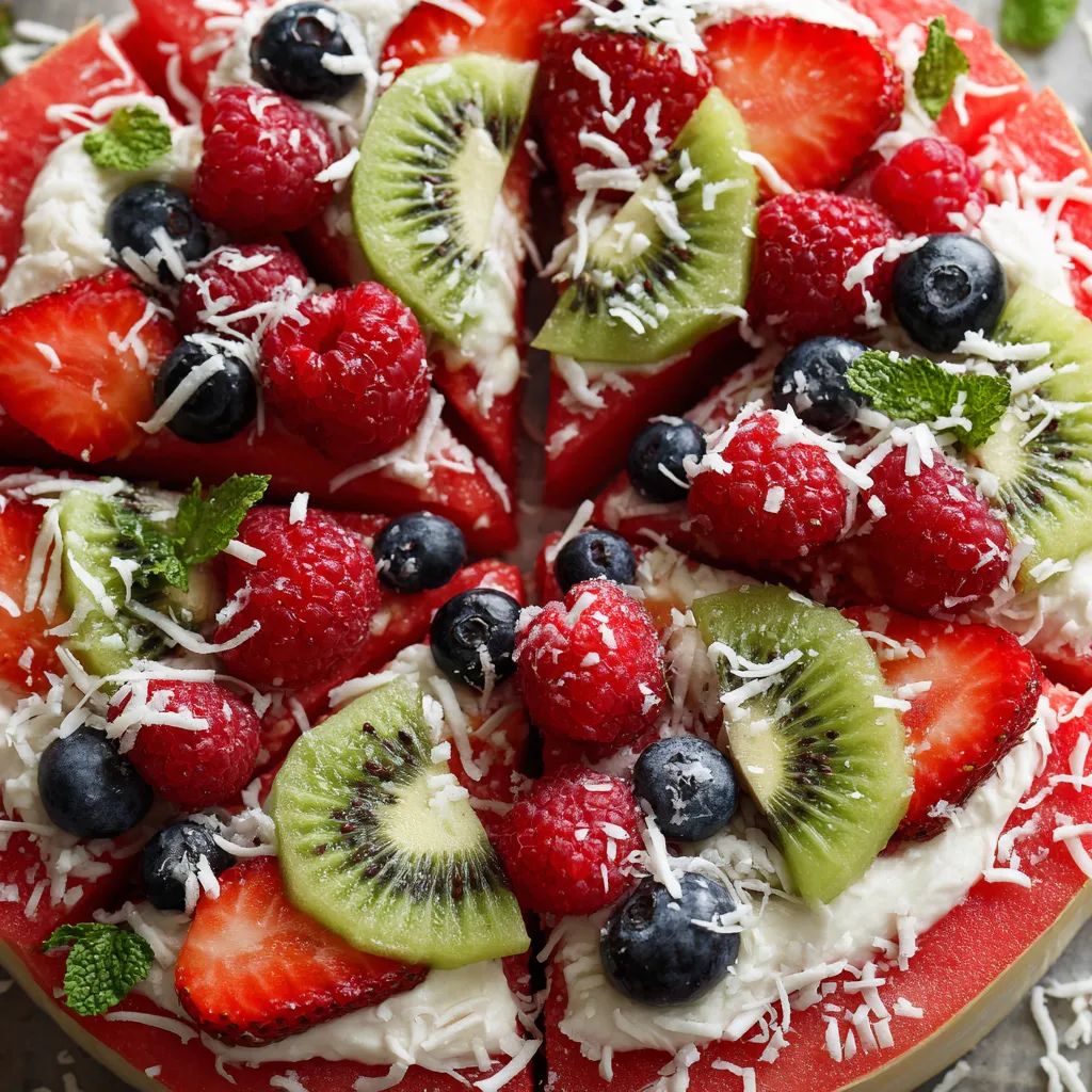 A slice of watermelon pizza with kiwi and blueberries.