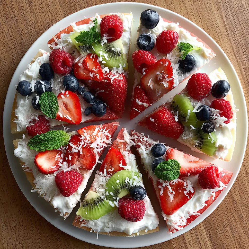 A slice of watermelon pizza with blueberries and kiwi.