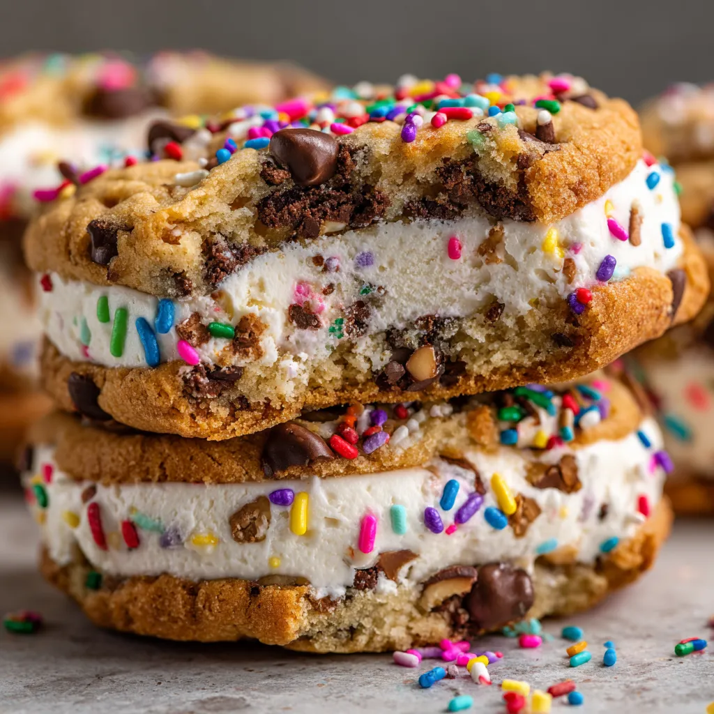 A stack of ice cream cookie sandwiches.