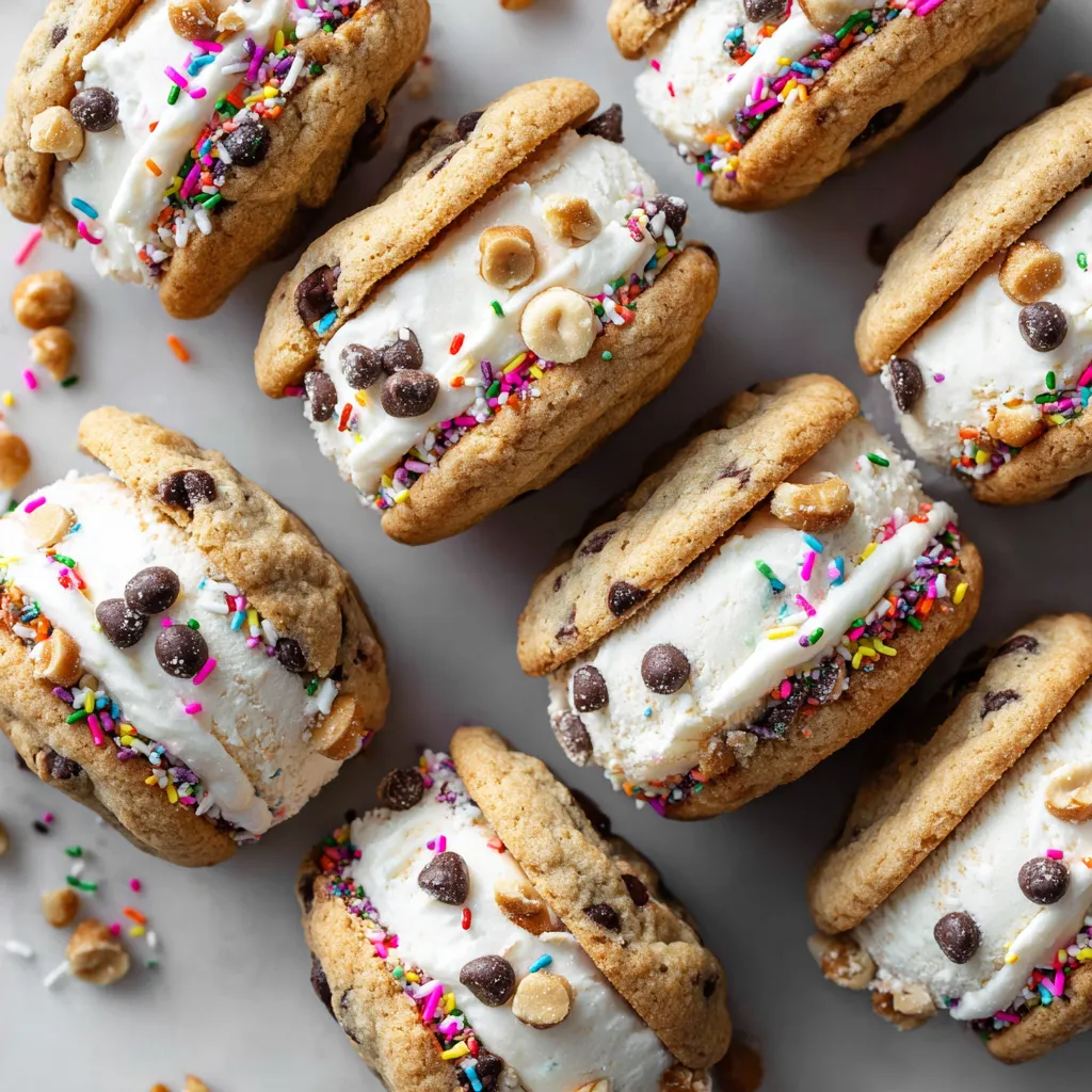 Ice cream sandwiches with cookies and nuts.