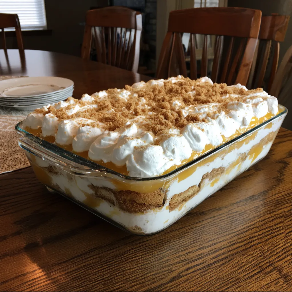 A glass dish filled with peach cobbler.