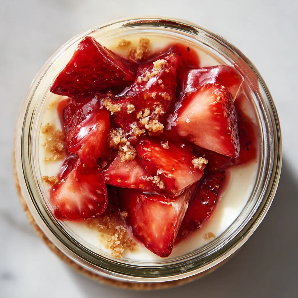 A glass of mango float with strawberries on top.