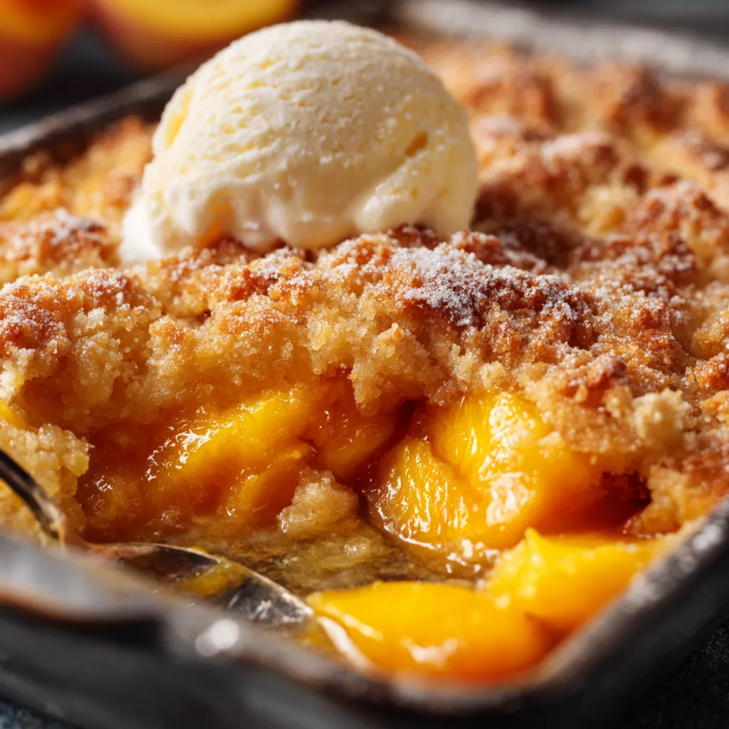A peach cobbler with a scoop of ice cream on top.