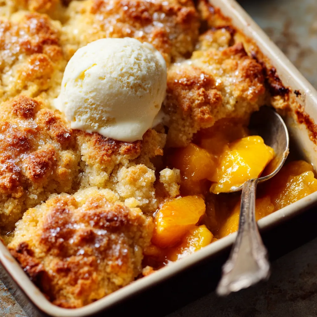 A peach cobbler with a scoop of ice cream on top.