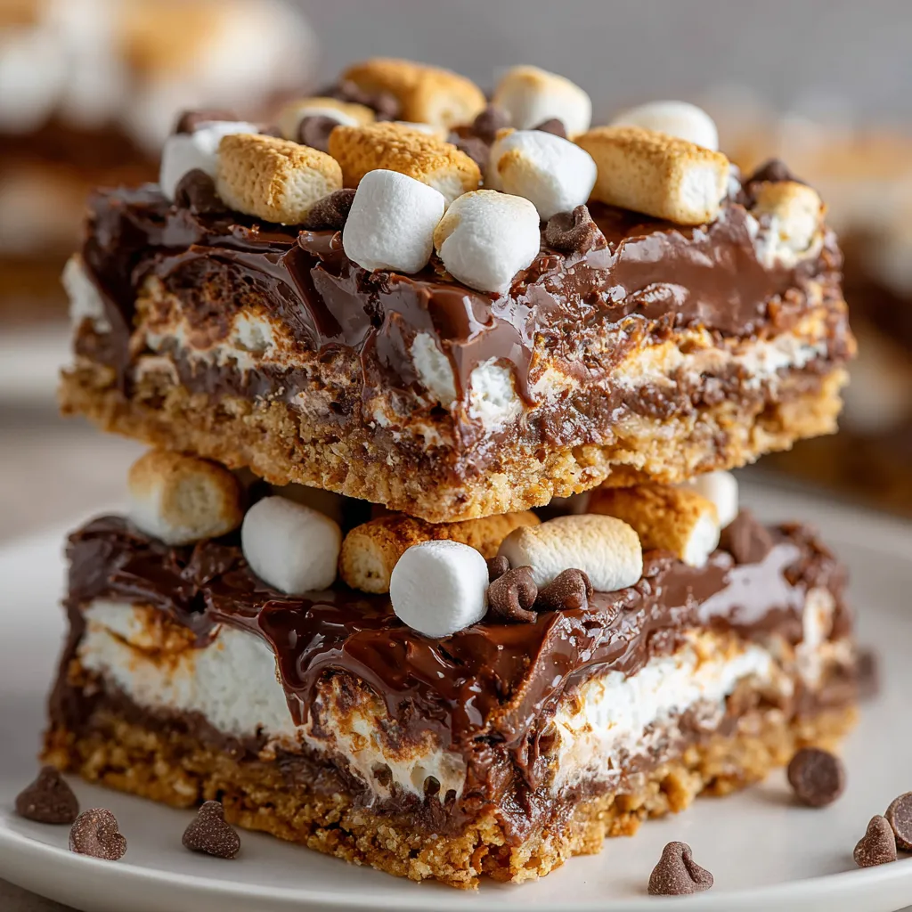 A stack of three no-bake s'mores bars.