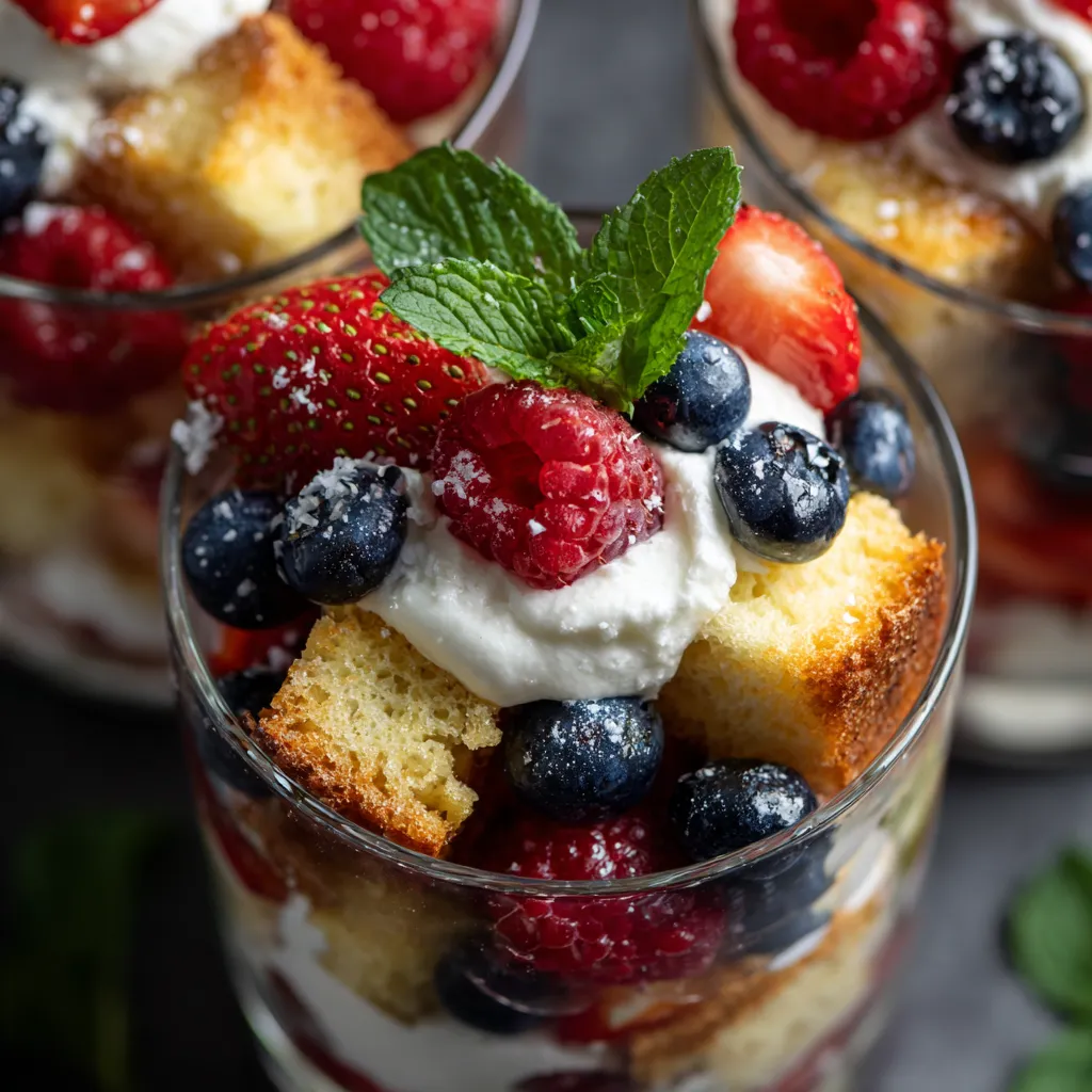 A close up of a berry trifle cup.