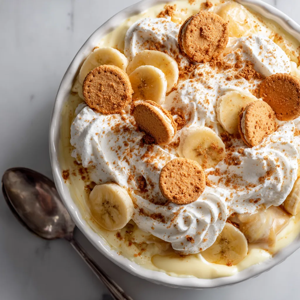 A bowl of banana cream pie with banana slices and cookie crumbs.