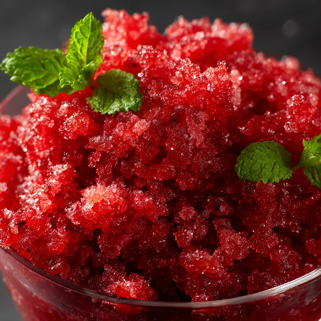 A glass bowl filled with red frozen fruit.