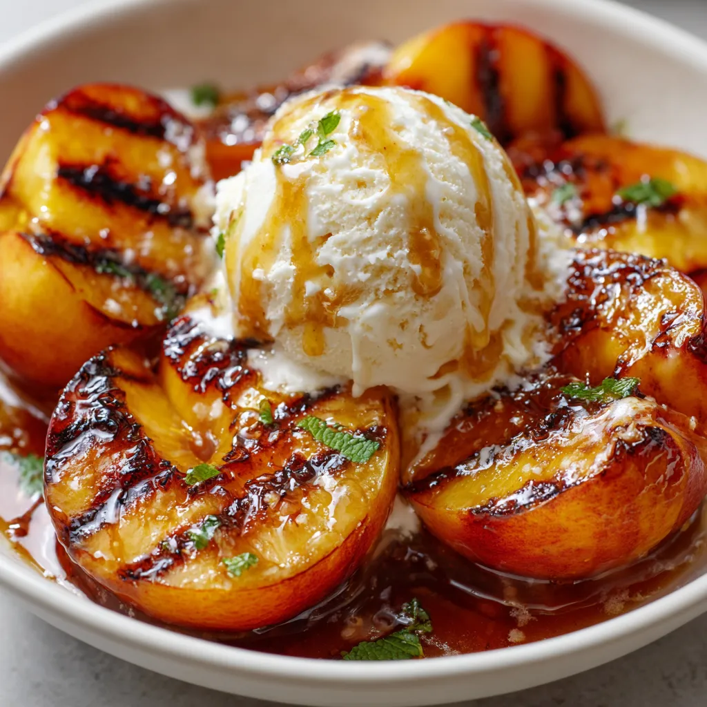 A bowl of grilled peaches with vanilla ice cream.