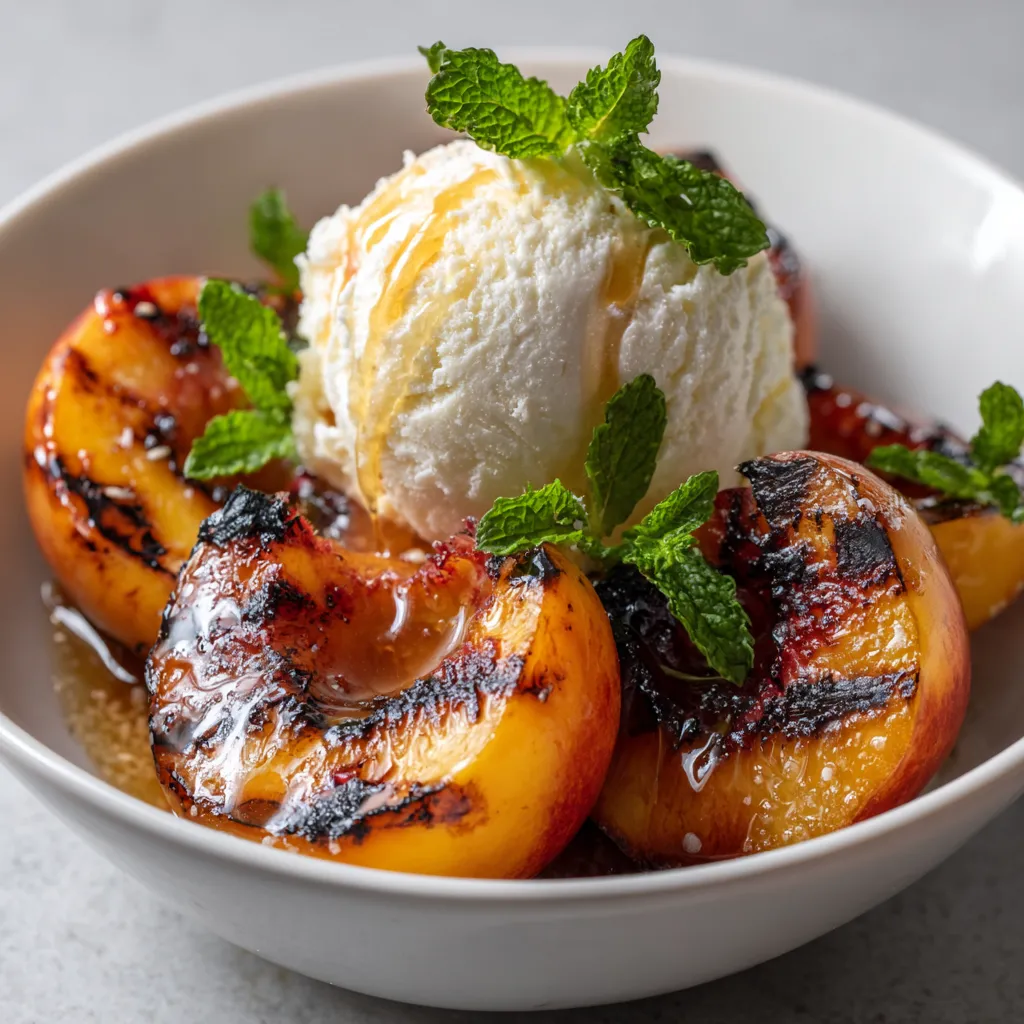 A bowl of grilled peaches with vanilla ice cream.